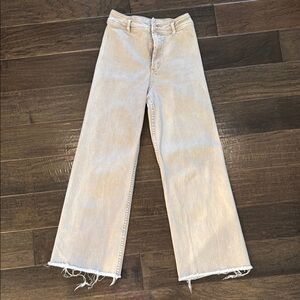 Cream Flare Wide-Leg Jeans with Raw Hem
